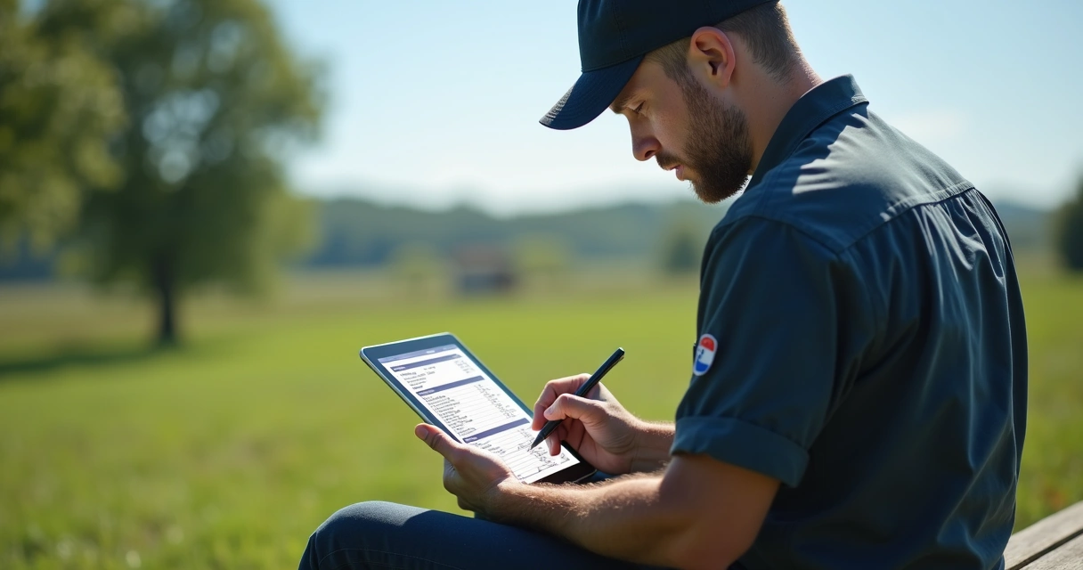 Técnico preenchendo ordem de serviço digital em tablet ao ar livre, com campo e luz natural ao fundo 