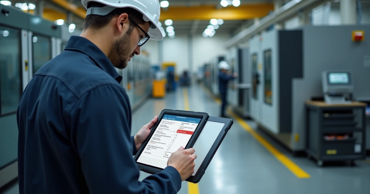 Técnico registrando ordem de serviço em tablet ao lado de máquina industrial