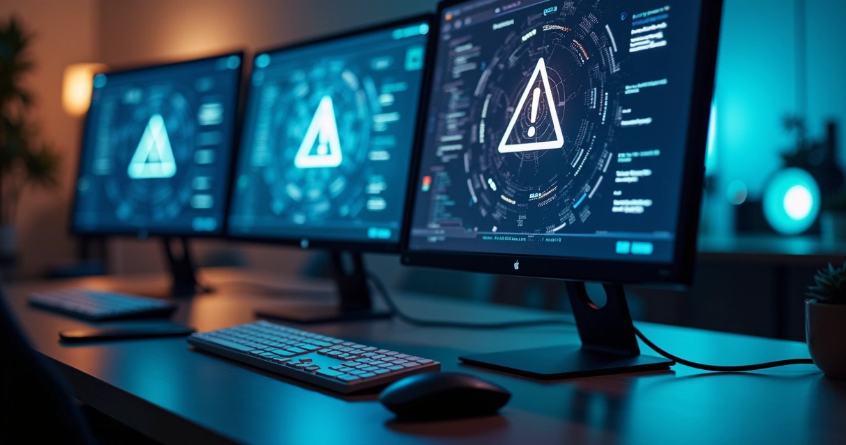 Tela de computador exibe alerta de erro técnico em ambiente de escritório moderno 