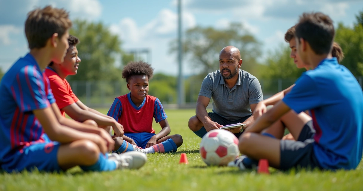 Técnico e psicólogo conversando com jovens jogadores 