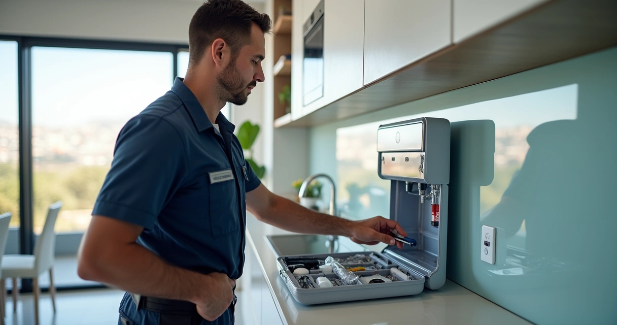 Técnico verifica purificador de água instalado na parede em apartamento no Rio de Janeiro 