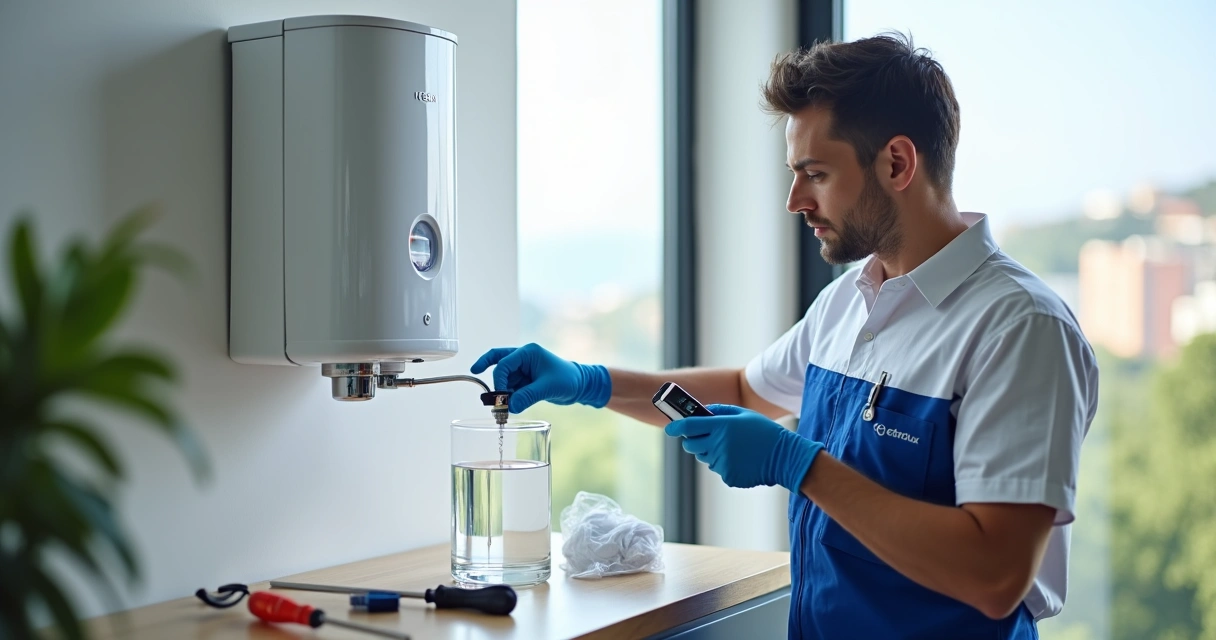 Técnico examinando purificador Electrolux com análise da qualidade da água 