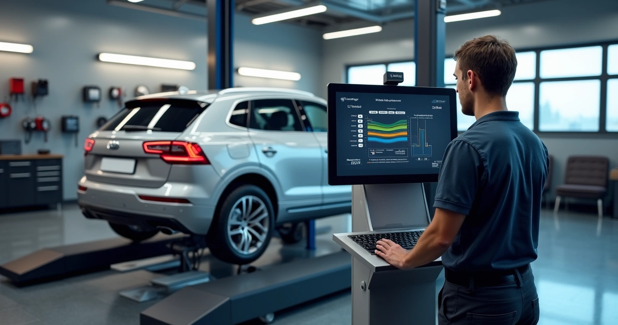 Técnico automotivo operando equipamento de alinhamento 3D em veículo numa oficina moderna 