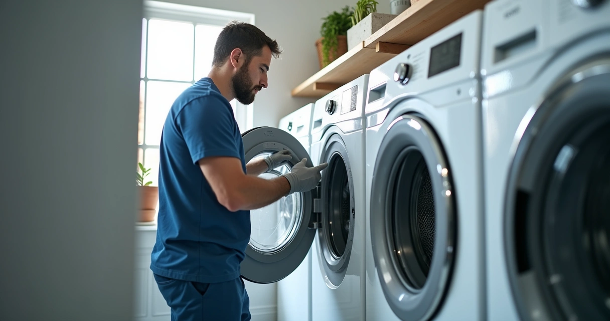 Técnico realizando manutenção em máquina de lavar moderna 