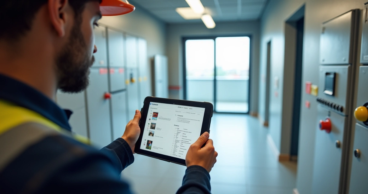 Técnico usando tablet para vistoria em condomínio 