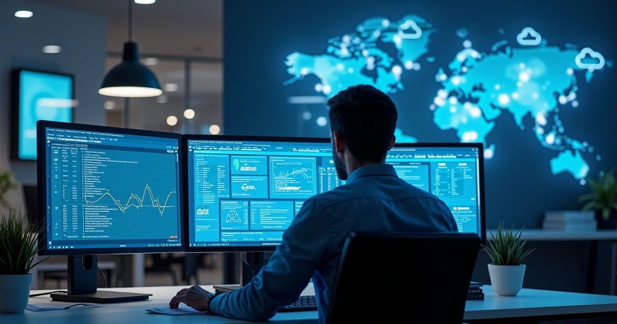 Técnico de TI analisando dashboard de recuperação de dados em nuvem
