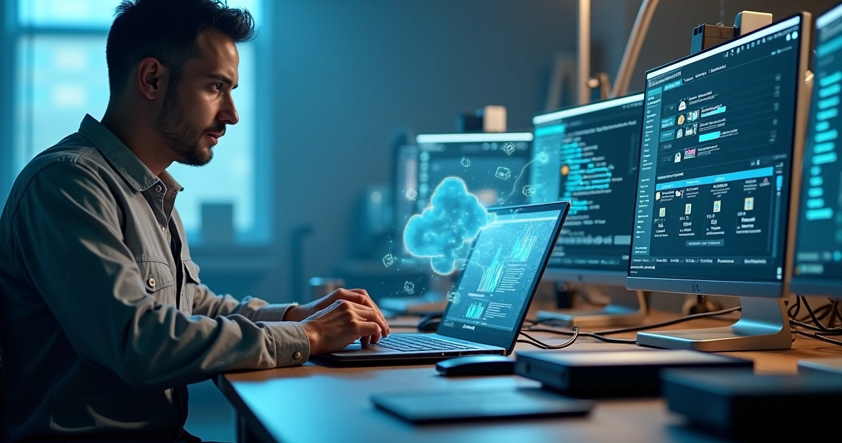 Técnico em bancada analisando notebook com ícones digitais de arquivos flutuando 