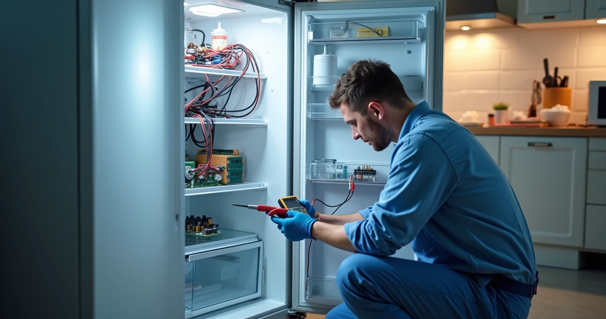 Técnico examina refrigerador aberto com auxílio de equipamentos de diagnóstico 