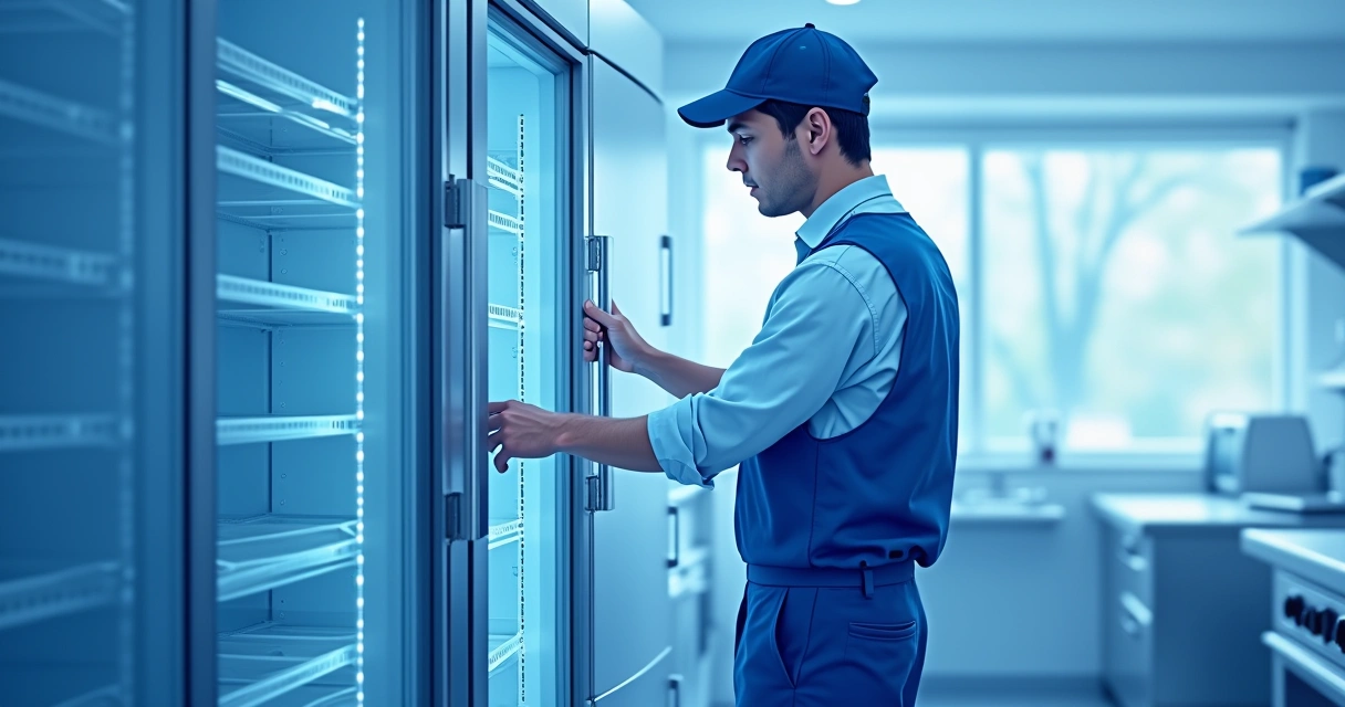 Técnico realizando inspeção em refrigerador comercial 