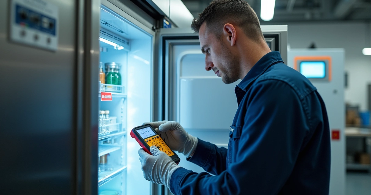 Técnico especializado analisa refrigerador aberto, com multímetro na mão. 