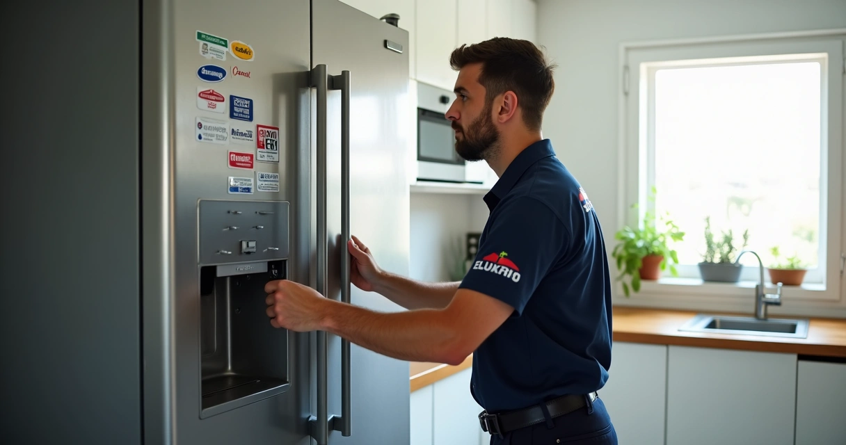 Técnico consertando geladeira em cozinha moderna, ambiente claro 