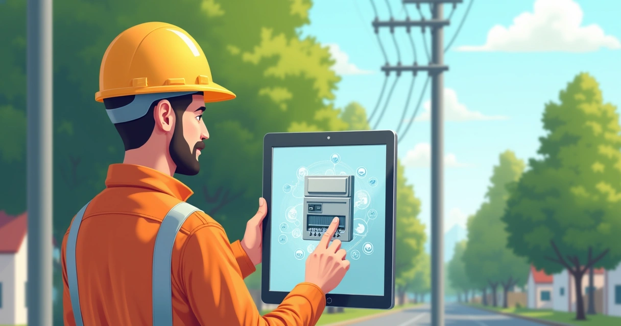 Técnico de internet fotografando caixa de fibra óptica em poste com tablet 