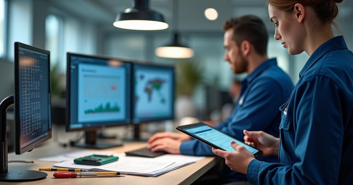 Técnico registrando informações de serviço em um tablet