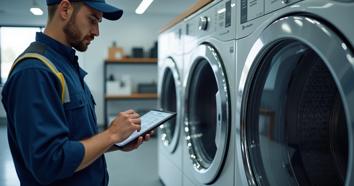 Técnico preenchendo registro digital de manutenção de eletrodomésticos 