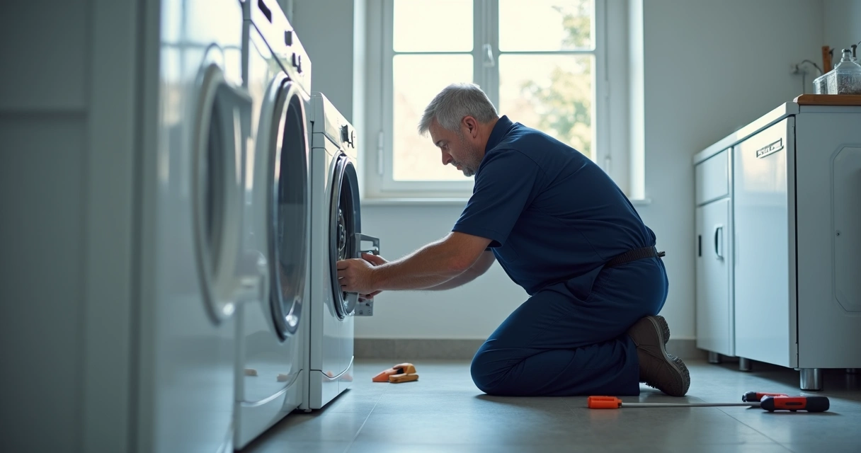 Técnico trabalhando em máquina de lavar roupas em área de serviço 