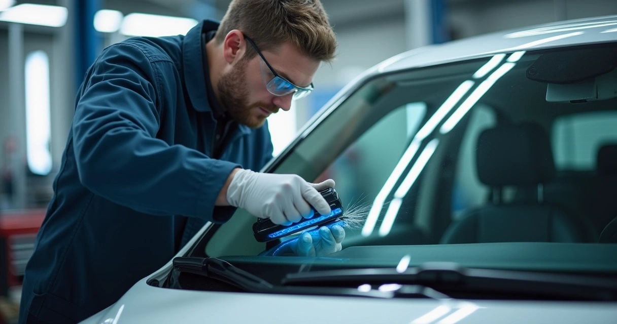 Técnico fazendo o reparo em para-brisa de carro