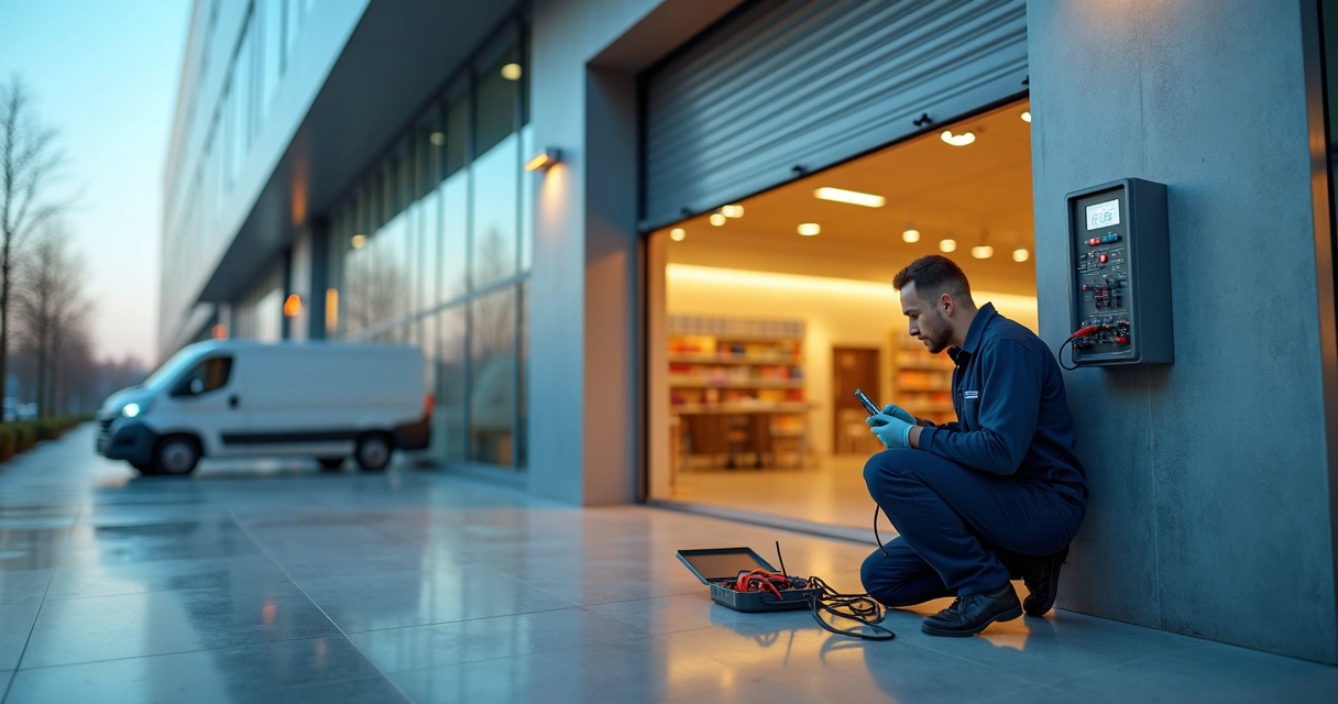Técnico ajustando painel de controle de porta automática em fachada comercial moderna 