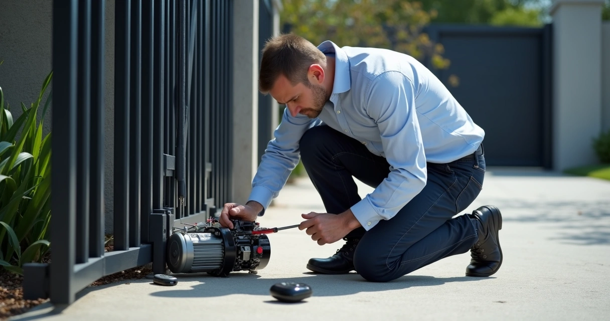 Técnico realizando manutenção em portão automático com ferramenta, foco em detalhe do motor e controle remoto 