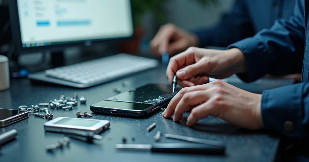 Técnico fazendo reparo em smartphone sobre bancada organizada