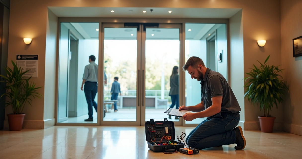 Técnico realizando reparo em porta automática de prédio residencial 