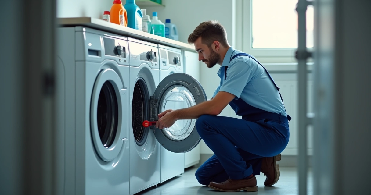 Técnico uniformizado ajustando máquina lava e seca 
