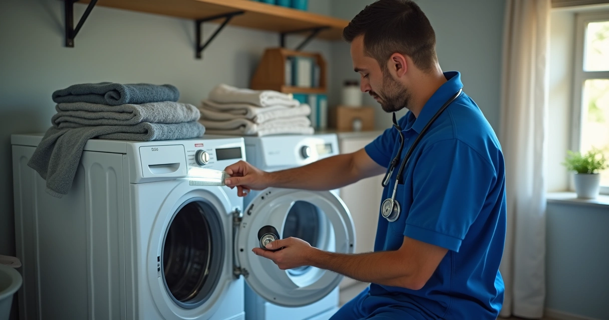 Técnico examinando secadora em ambiente doméstico em Curitiba. 