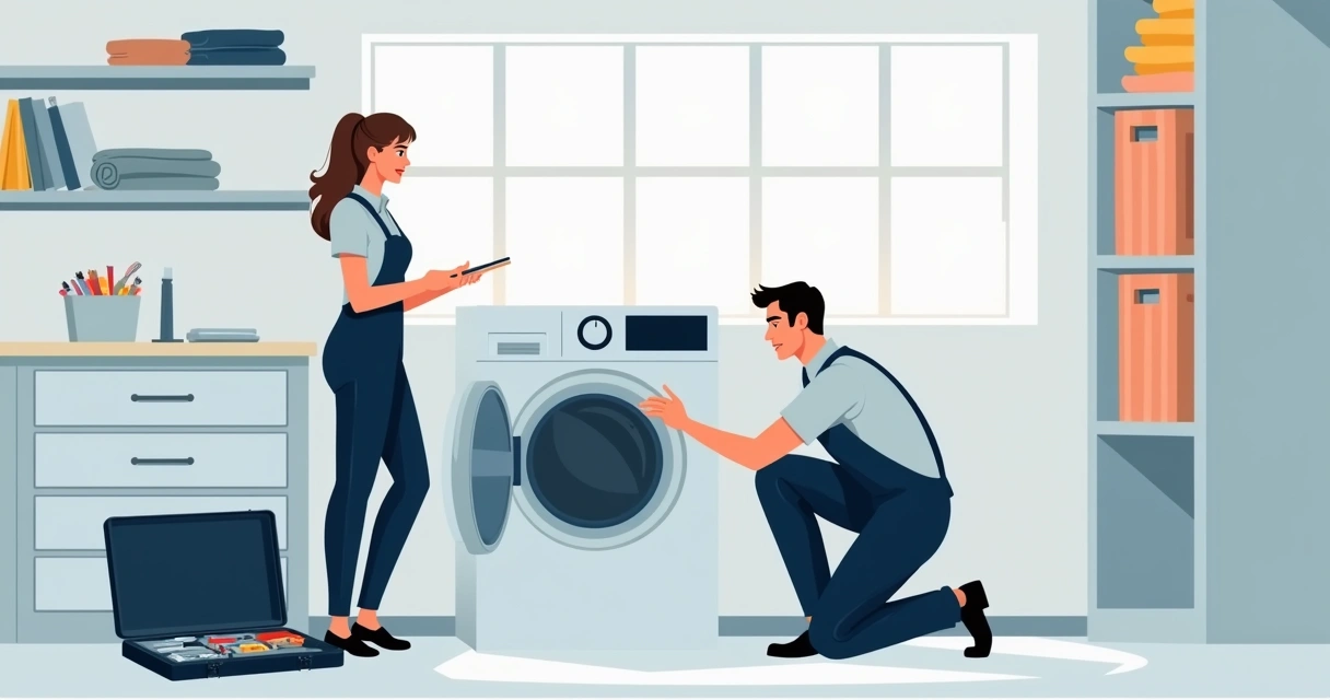 Técnico de uniforme verificando secadora na casa do cliente 