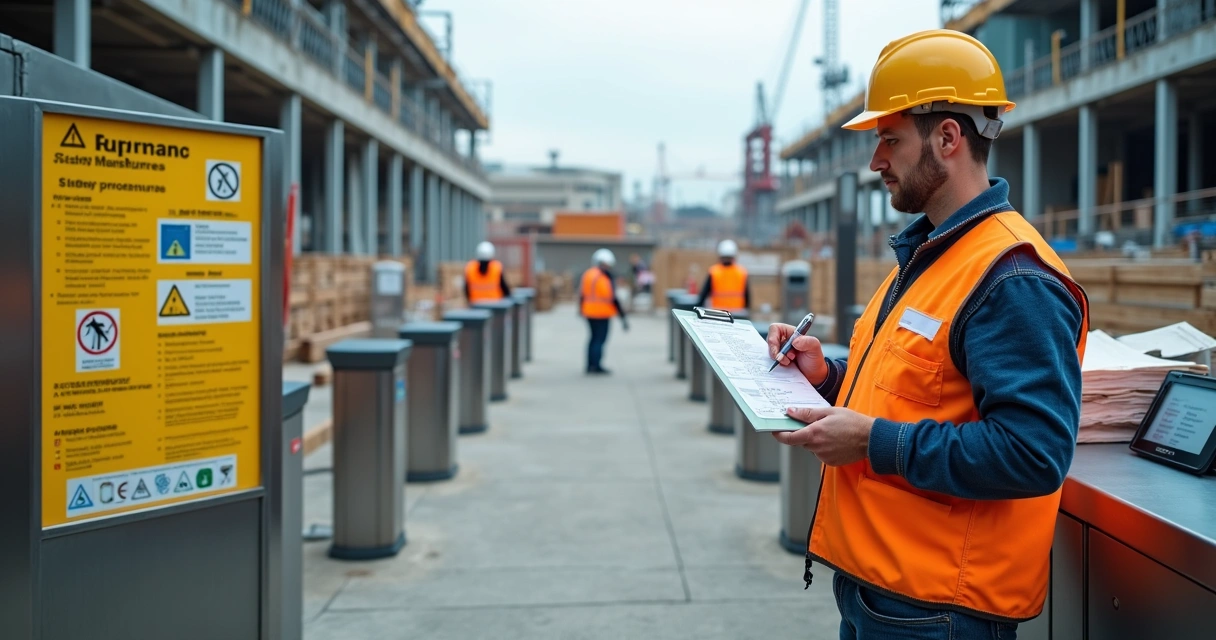 Técnico de segurança do trabalho preenchendo checklist em canteiro de obras organizado 