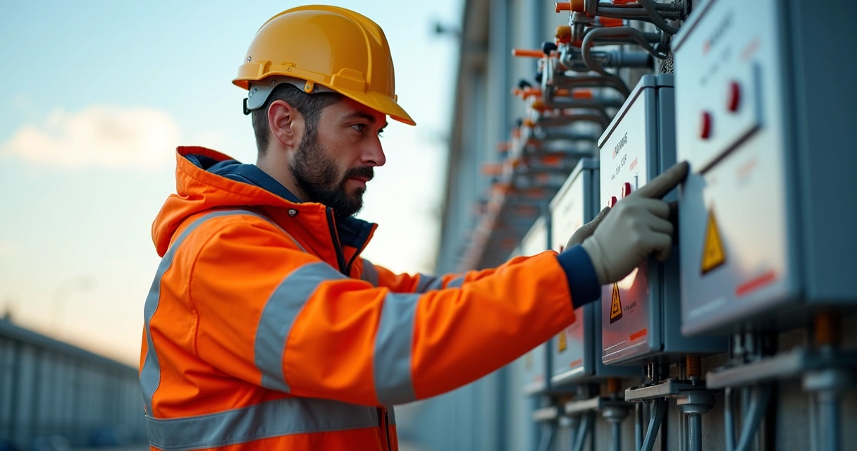 Técnico de segurança do trabalho usando equipamento de proteção em instalação elétrica de alta tensão 