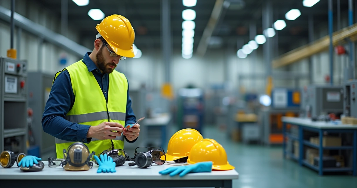 Técnico de segurança do trabalho usando capacete e colete, avaliando equipamentos de proteção individual em ambiente industrial 