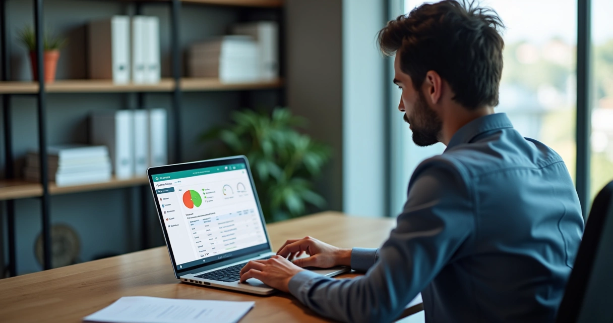 Técnico de Segurança do Trabalho usando plataforma inteligente em laptop com interface conectada a IA e WhatsApp no escritório moderno 