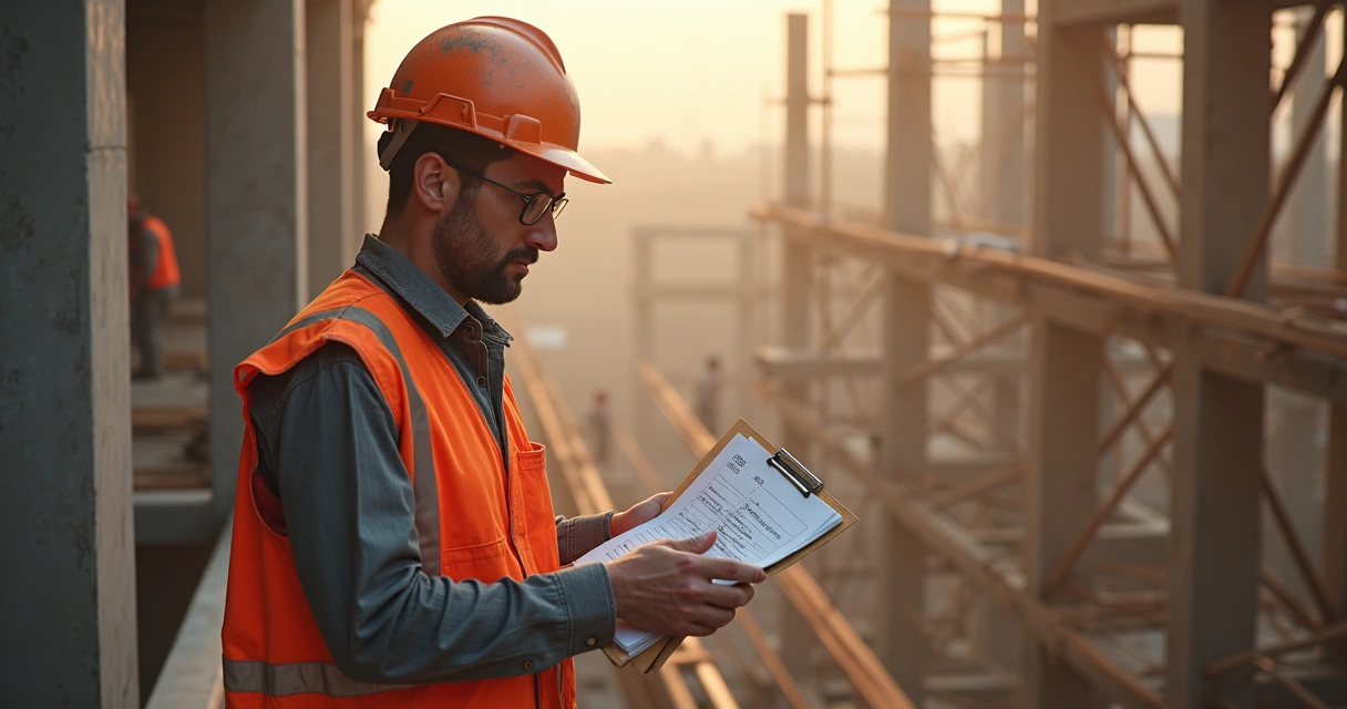 Técnico de segurança verifica equipamento de proteção coletiva em estrutura de obra 
