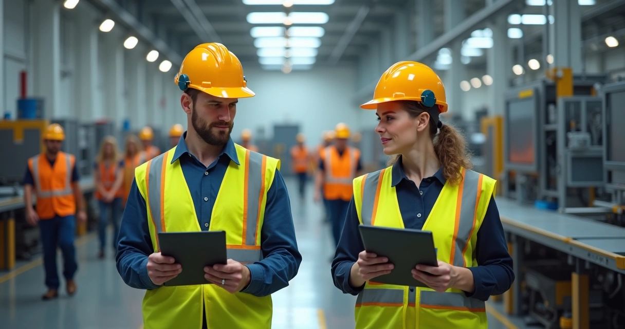 Técnico em segurança do trabalho inspecionando linha de produção 