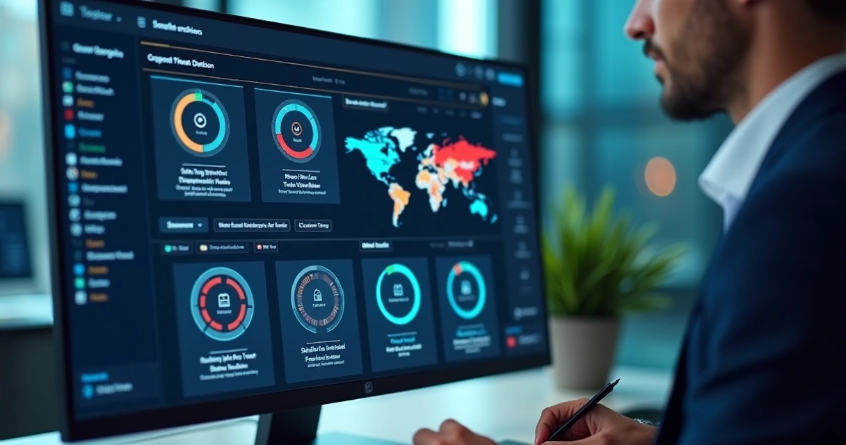 Técnico de TI revisando sistema de antivírus em tela de computador 