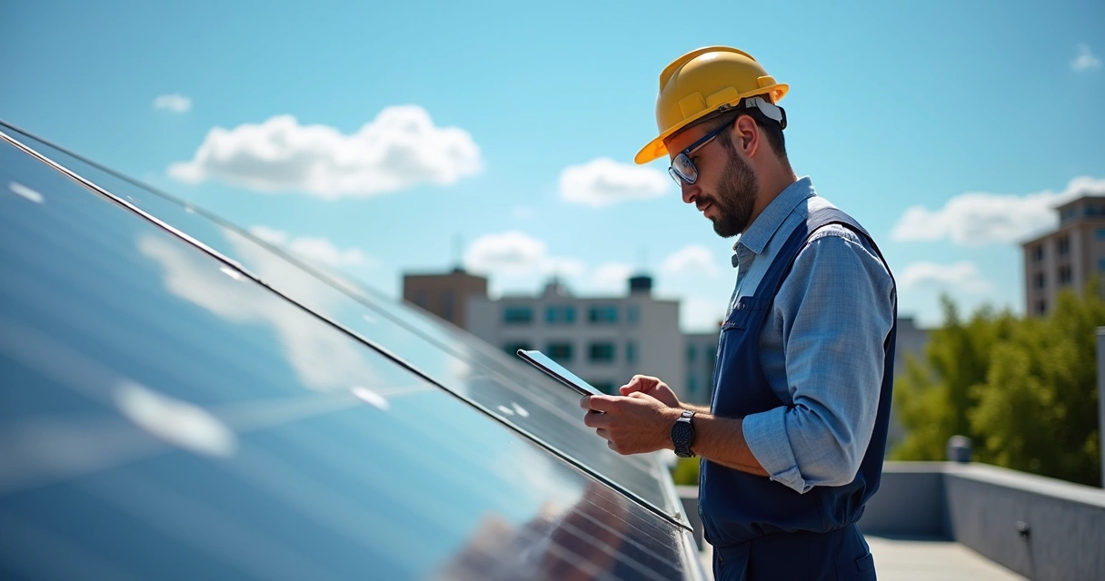 Técnico inspecionando painéis solares com tablet 