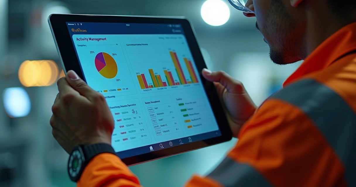 Técnico de segurança do trabalho analisando painel de indicadores em tablet na indústria