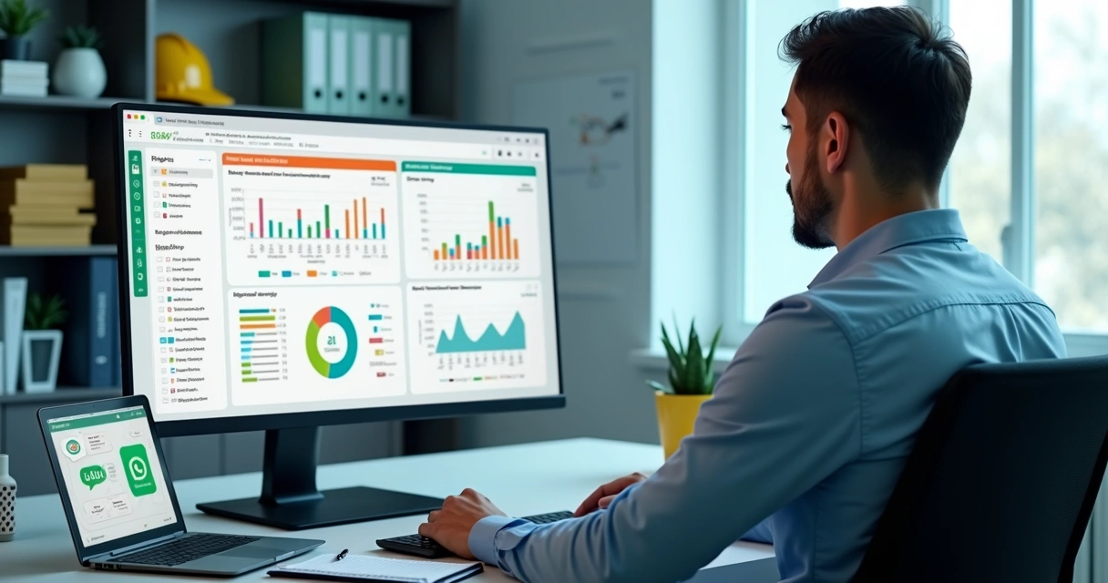 Técnico de segurança analisando sistema para SST com dashboard em tela ampla 