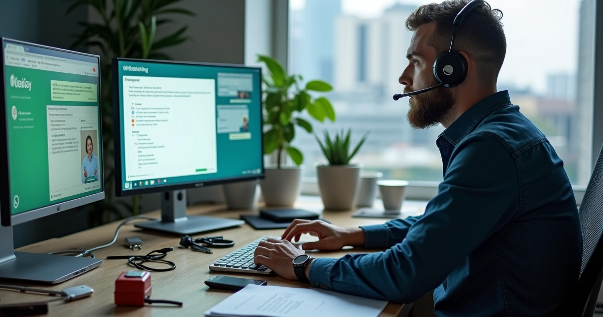 Técnico de suporte ao lado de computador e smartphone com chat aberto e agente de IA ativo no WhatsApp
