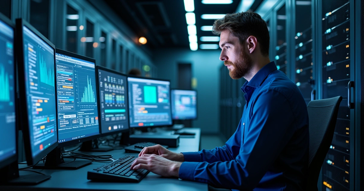 Técnico de TI trabalhando em rack de servidores com telas e equipamentos de rede ao redor 