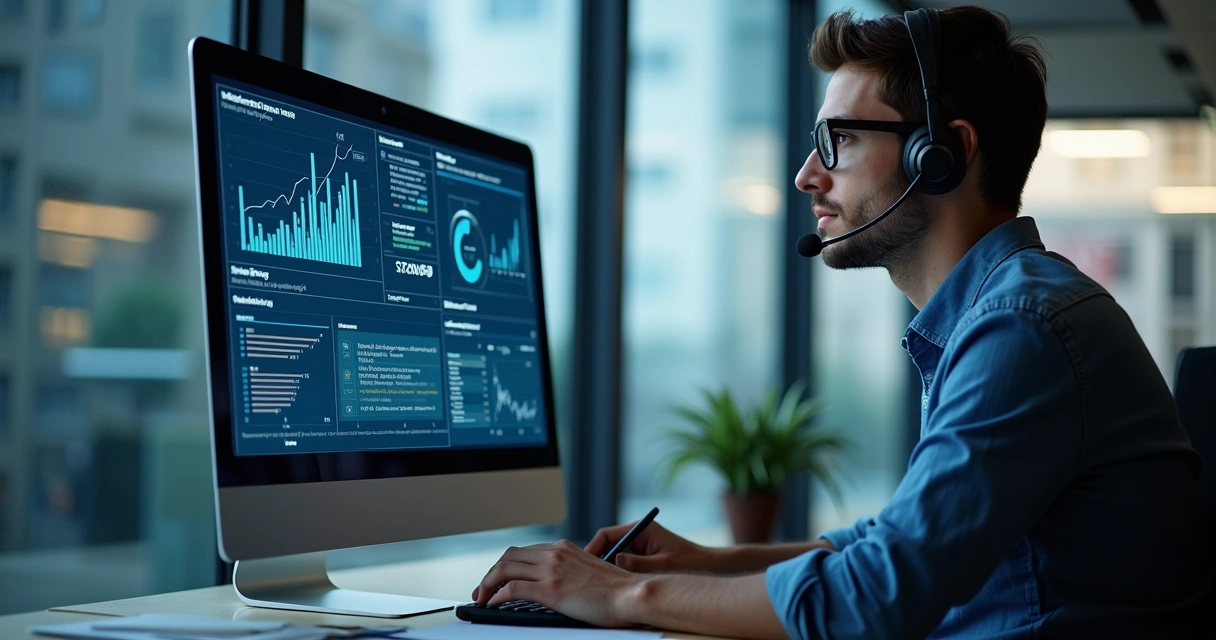 Especialista em manutenção de site analisando monitor cheio de gráficos 
