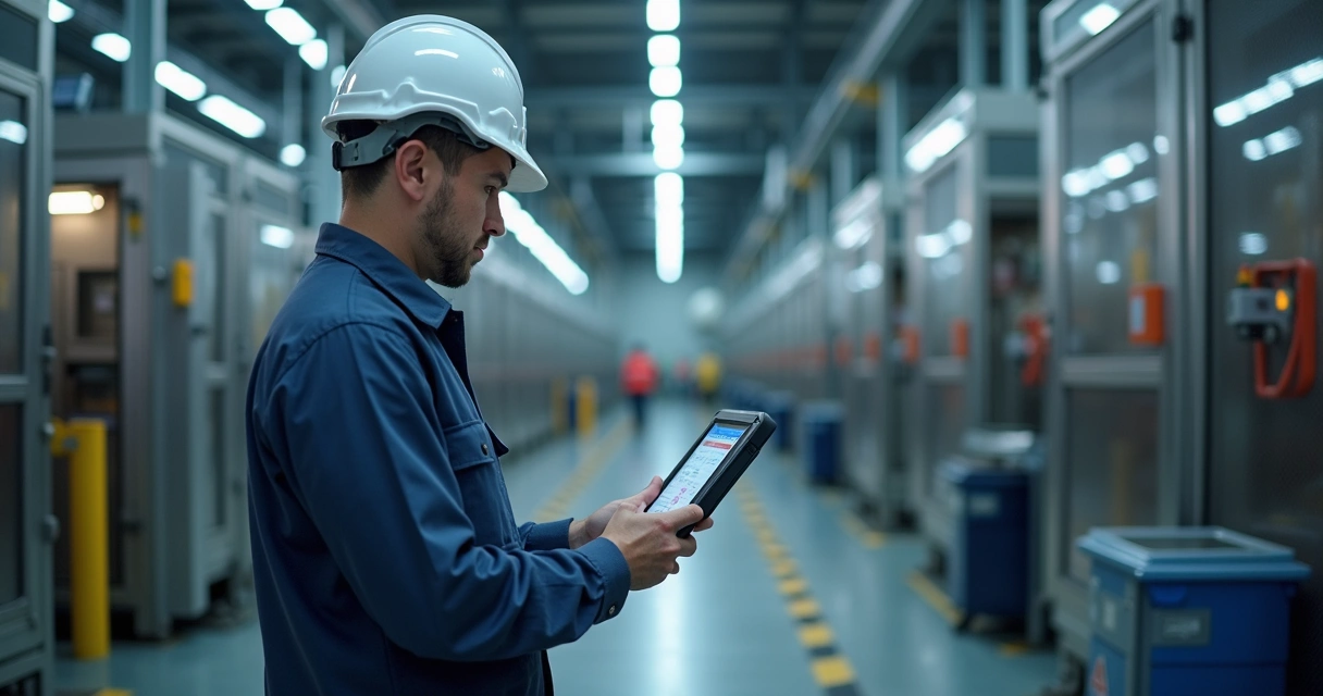 Técnico usando tablet em área industrial com equipamentos ao fundo 