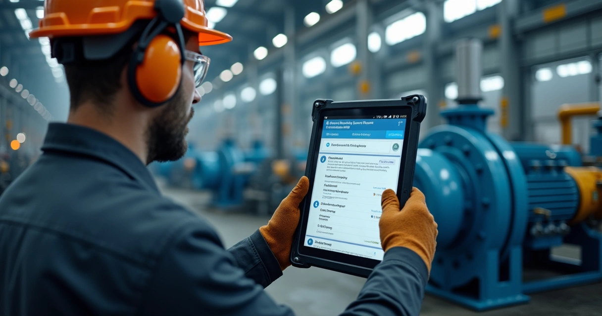 Técnico usando tablet industrial ao lado de equipamento