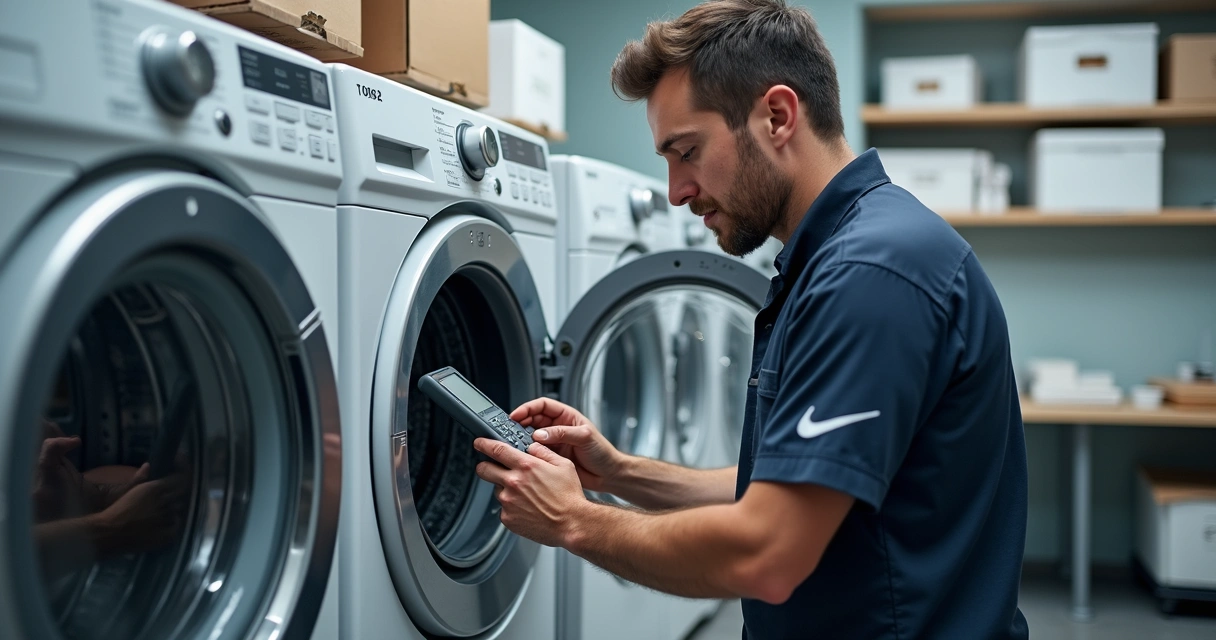 Técnico de uniforme testando máquina de lavar roupas aberta 