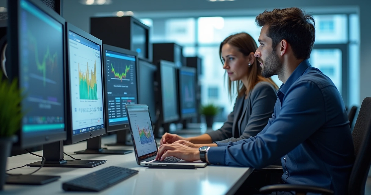 Técnico de TI atendendo cliente em escritório moderno com equipamentos de informática e tela de monitor com gráficos de dados 