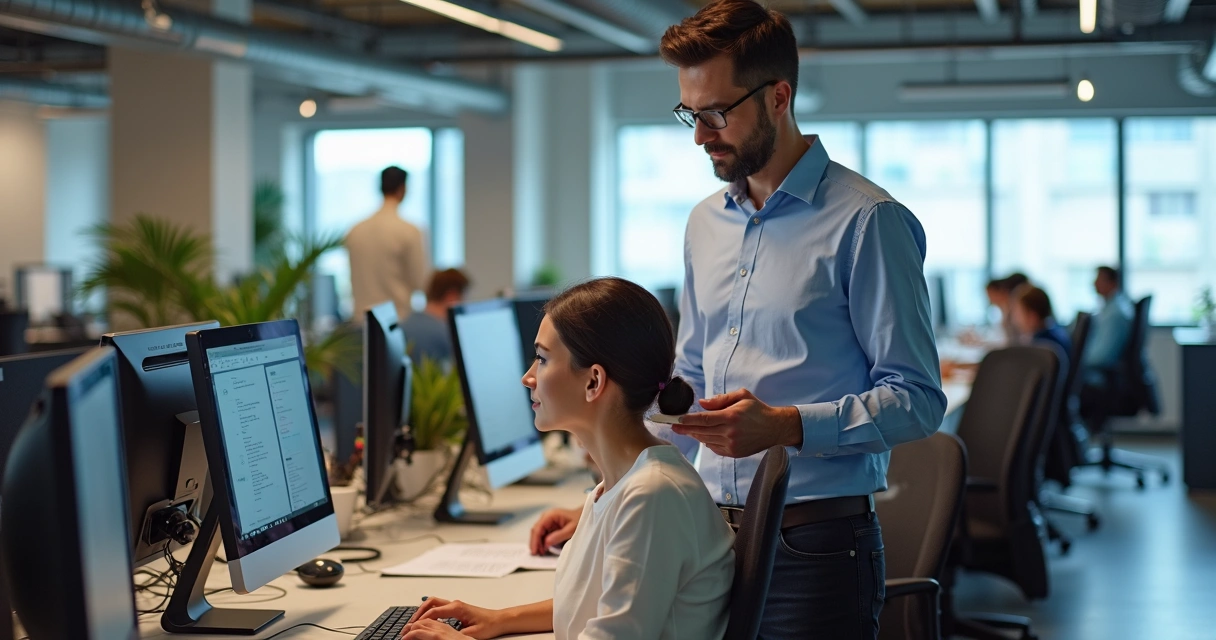 Profissional de TI prestando suporte em escritório corporativo 