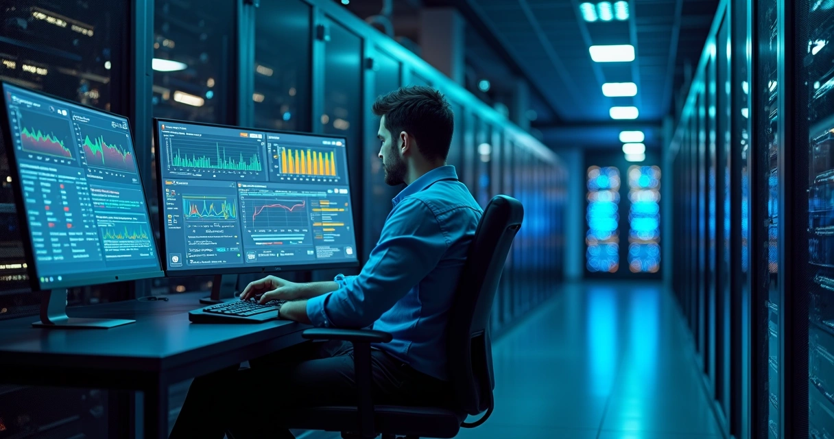 Técnico de suporte de TI monitorando servidores e painéis de dados 
