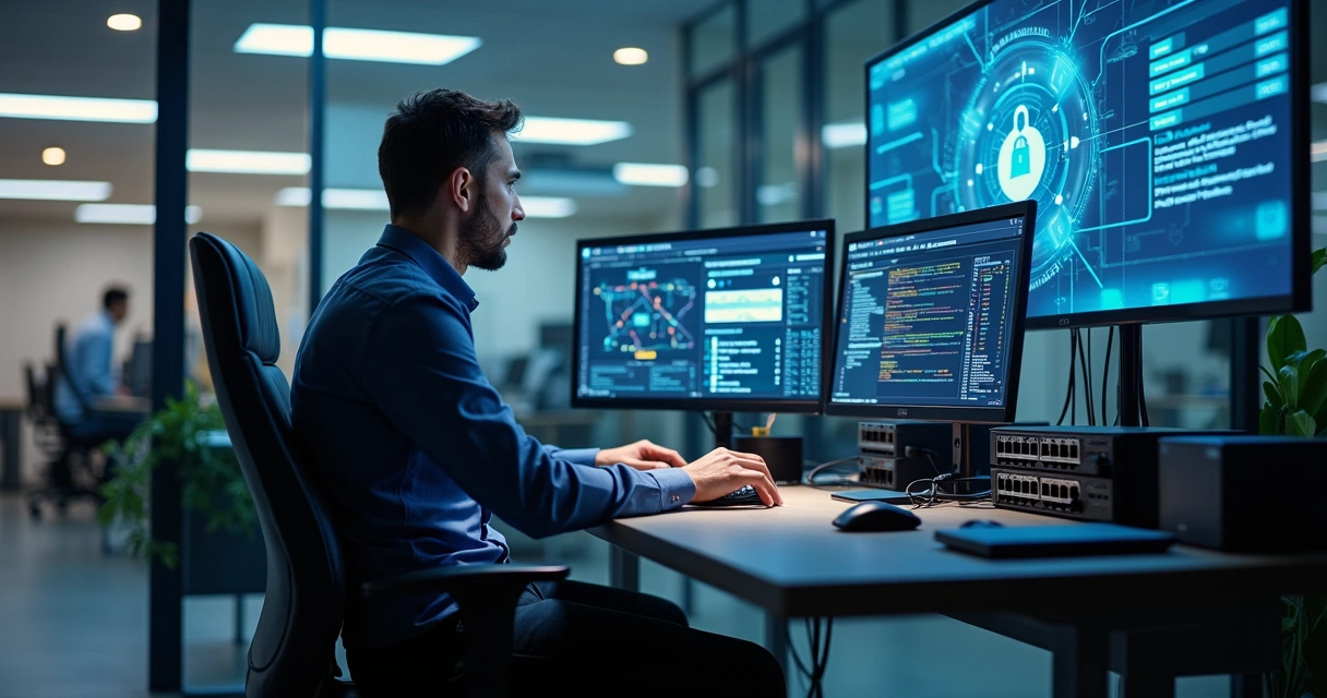 Técnico de TI trabalhando em estação com múltiplos monitores e equipamentos de rede 