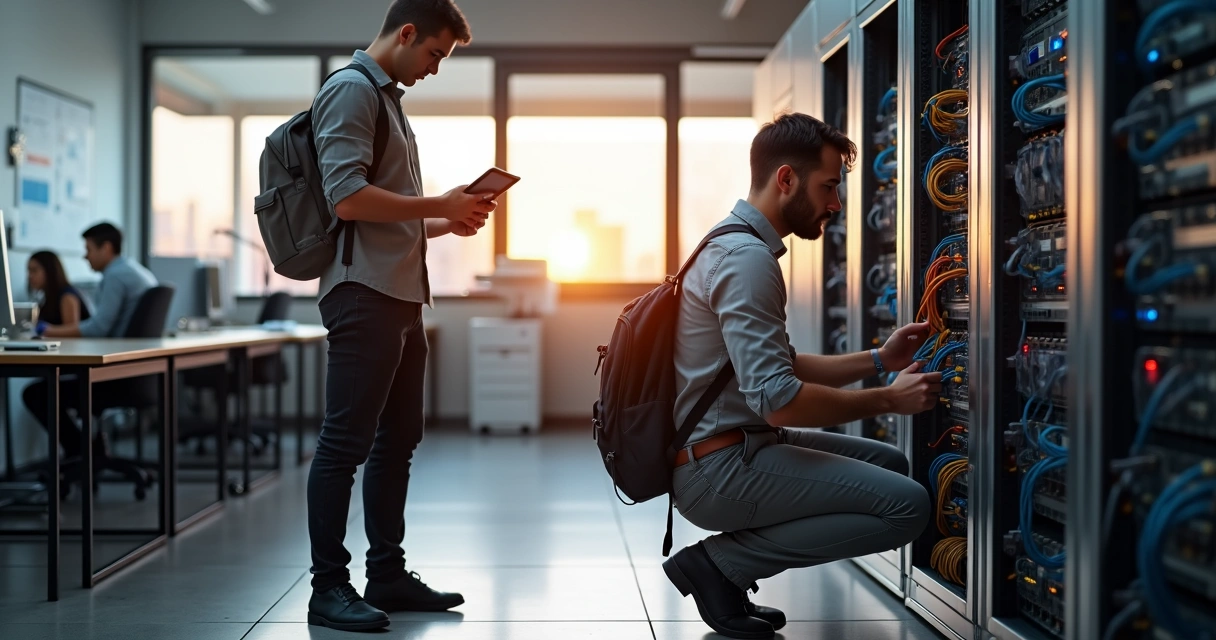 Técnico de TI organizando cabos em servidor enquanto gestor observa em pequena empresa 