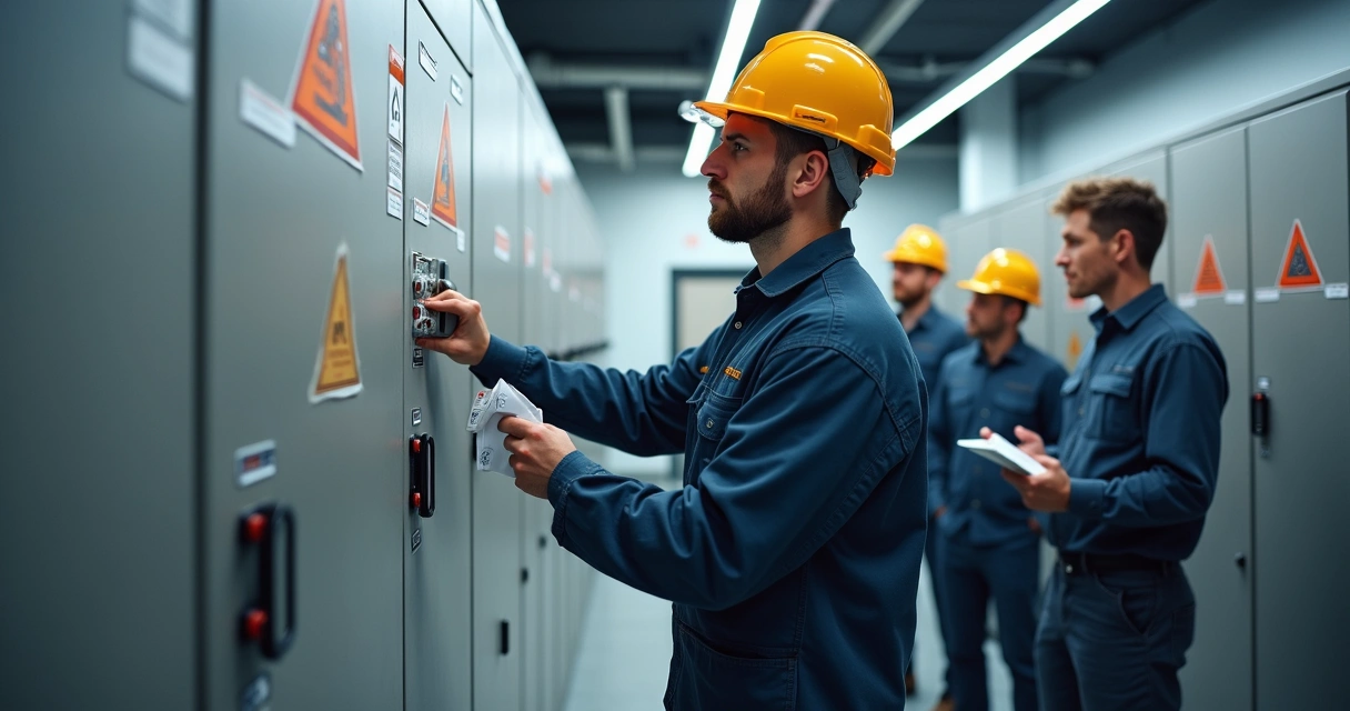 Técnico fazendo treinamento prático de segurança em painel de média tensão 