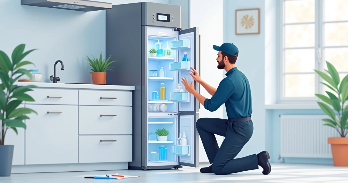 Técnico da assistência instalando filtro de água em geladeira 